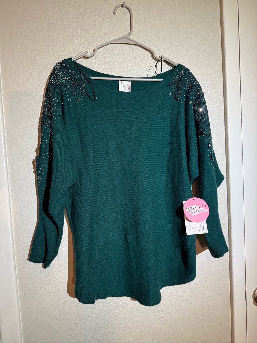 Siren Lily Emerald Green Beaded Shoulder Knit Top Maternity Size L NWT